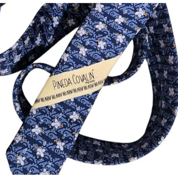 PINEDA COVALIN Men's Silk Necktie LUXURY Tie Blue Prehispanic Fish W:3.7" EUC - Picture 3 of 5